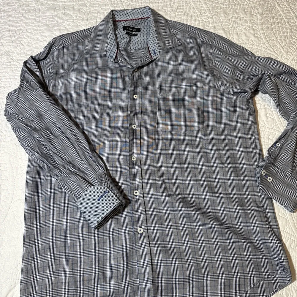 Bugatchi Shirt Mens Large Blue Plaid Classic Fit Long Sleeve Button Up Cotton